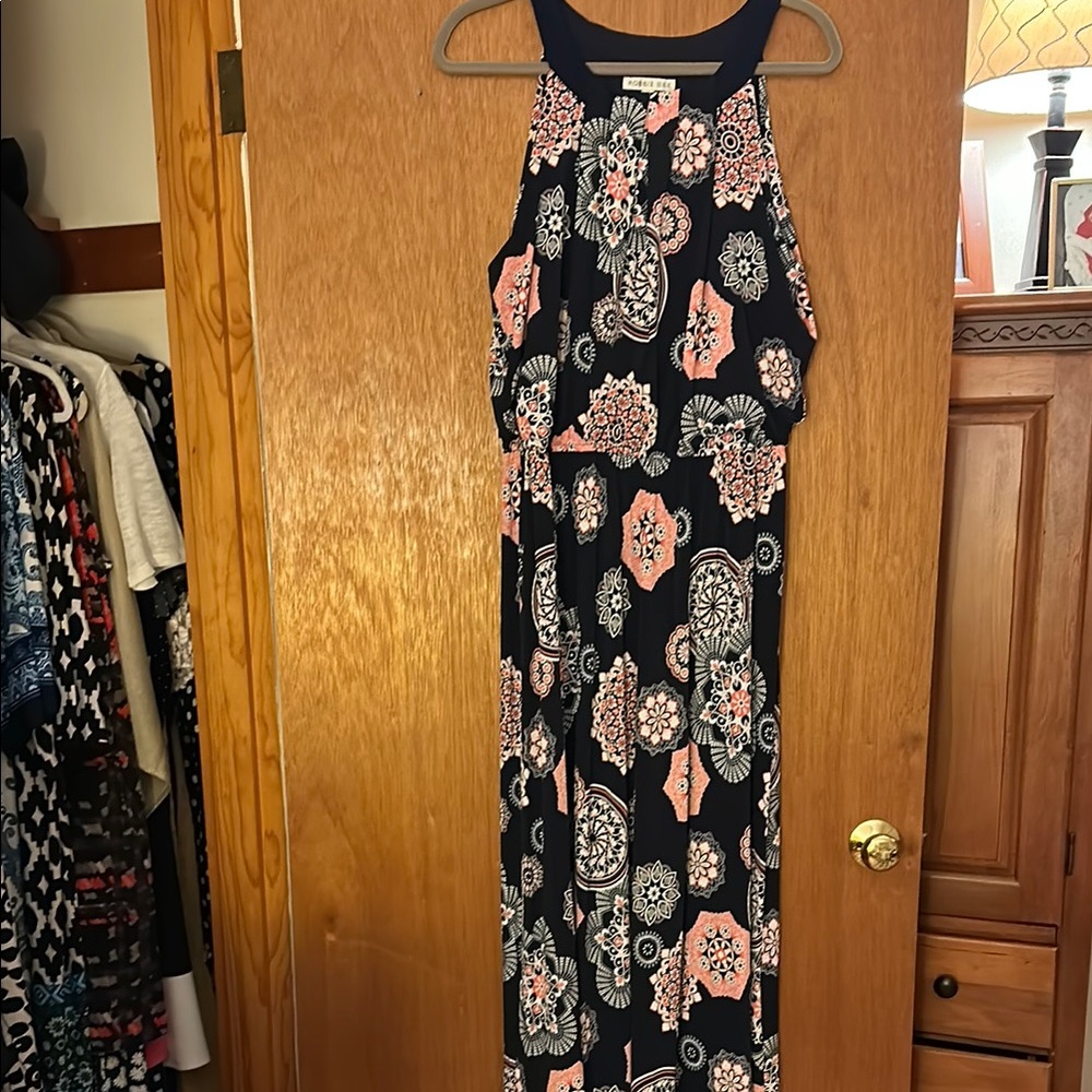 Robbie Bee Navy and Pink Sleeveless Halter Maxi Sundress